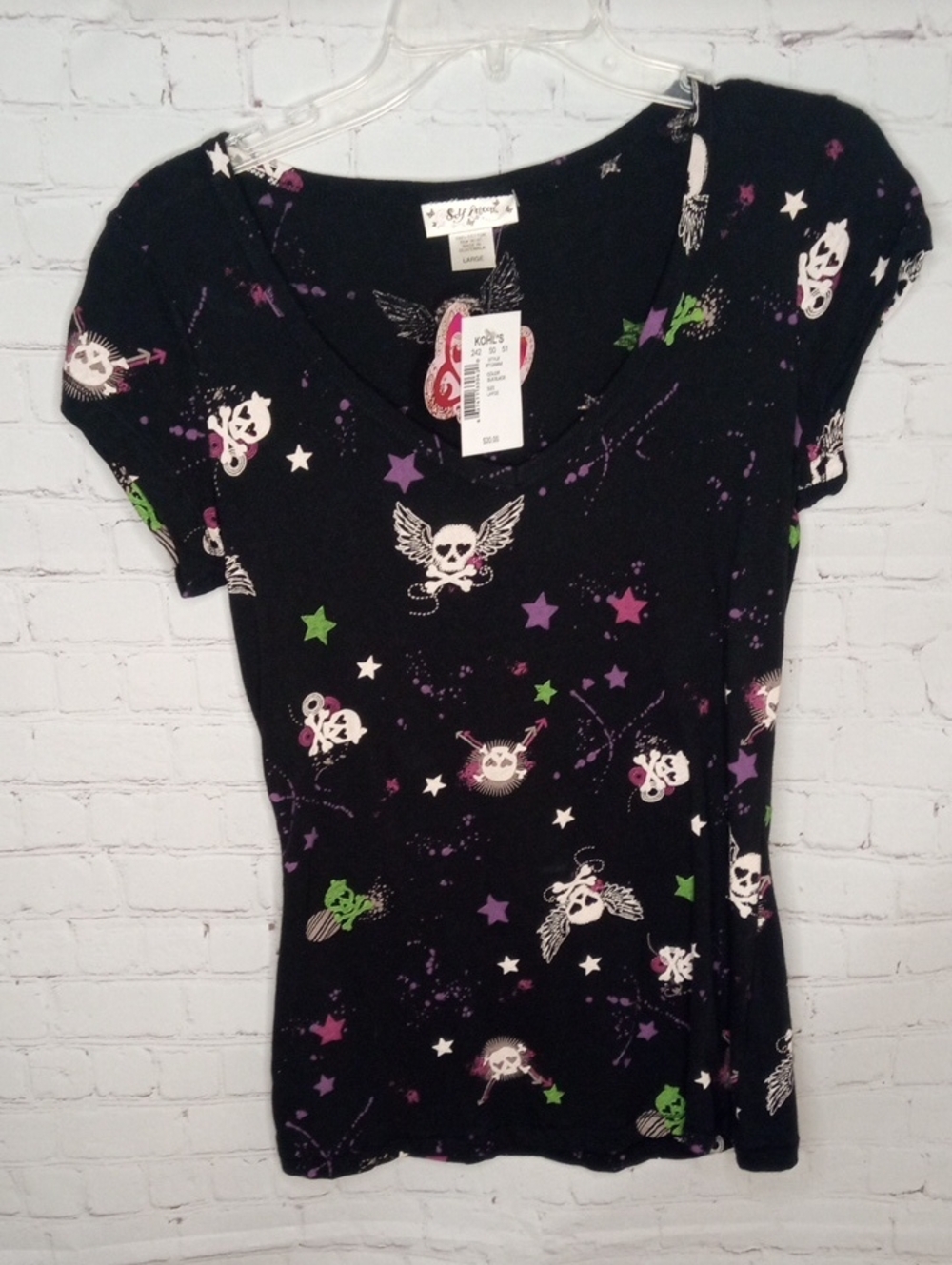 Self Esteem Black Skull Tee with Purple & Green Accents